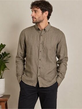 Abercrombie & Fitch Linen Collection 100% Linen Button-Up Shirt Olive Green XS